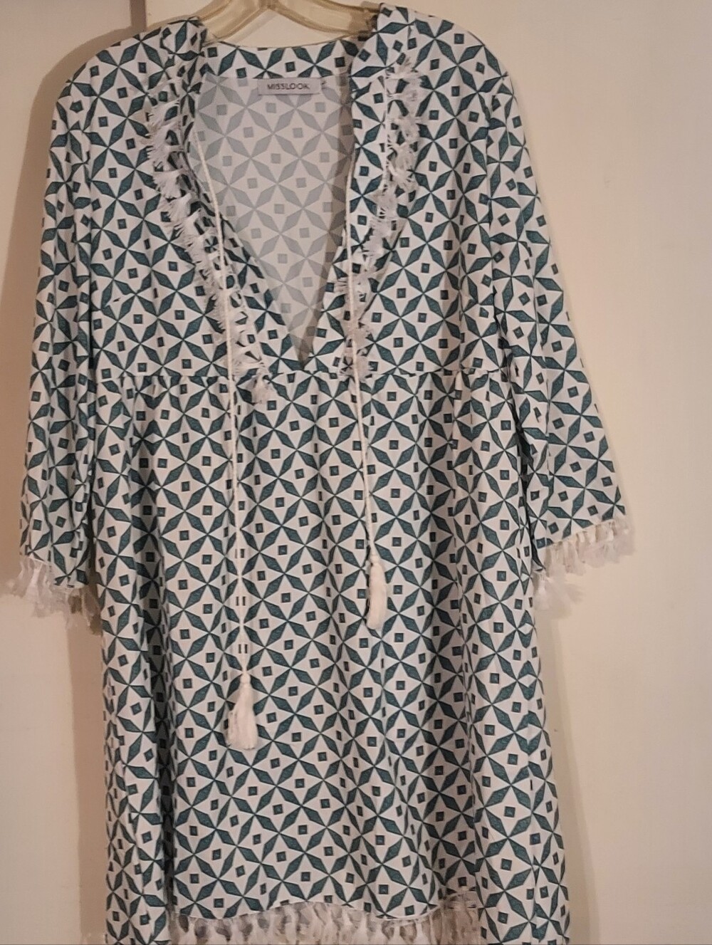 MISSLOOK Teal & White Geometric Tassel Mini Dress LARGE
